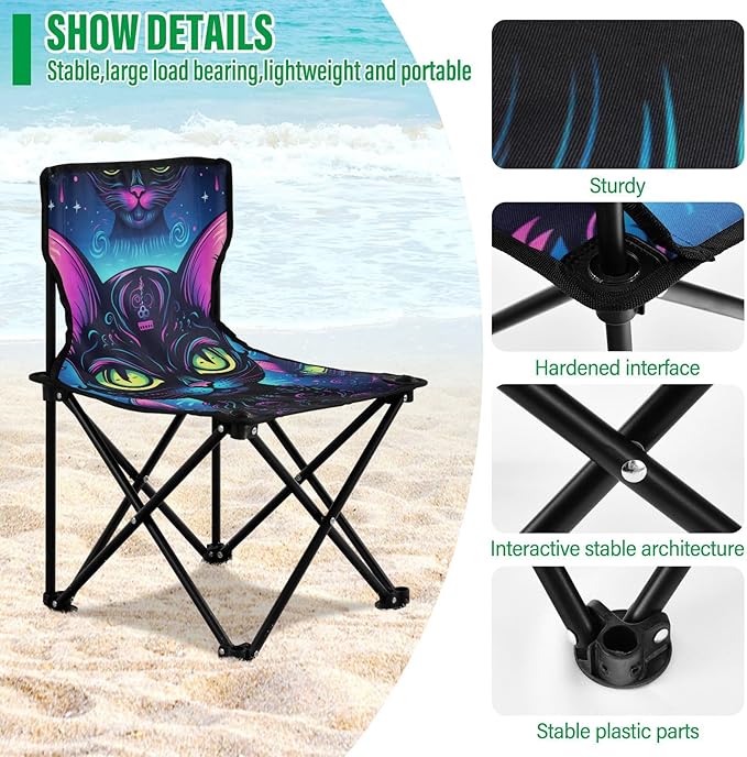Fluorescent Black Cat Cool Portable Beach Chairs Ultra-Lightweight Backpack Chai for Adults Carry Bag Included Portable Chair for Waiting in Line