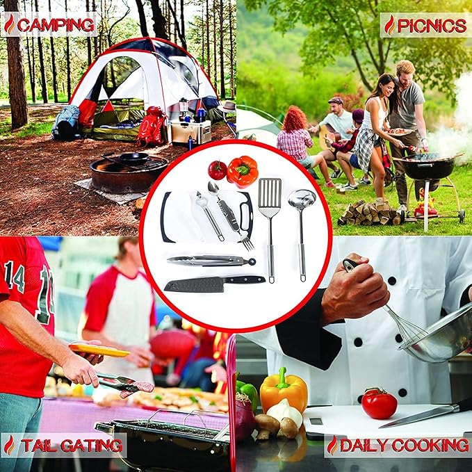 Wellmax 10-Piece Stainless Steel Camping Cooking Set – Compact All-in-One Cookware Kit with Utensils &amp Travel Bag for Campers Hikers Outdoor Adventures Grey Camo Color