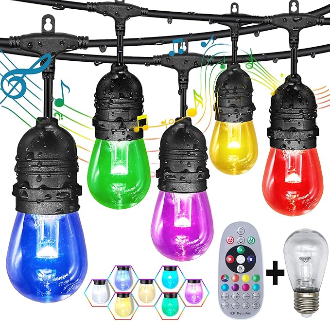 GANA Outdoor String Lights Patio Lights 48FT Music Flash RGBW Colourful Safe 12V Low Voltage LED Shatterproof Bulbs Connectable Heavy Duty Wire IP65 Waterproof Level for Courtyards Cafe Bistro