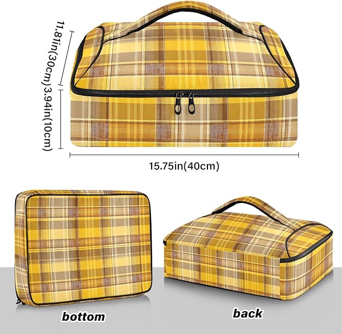 Casserole Carrier Yellow Plaid Insulated Casserole Carrier for Hot or Cold Food Thermal Lunch Tote for Parties Picnic Travel Carry Bag