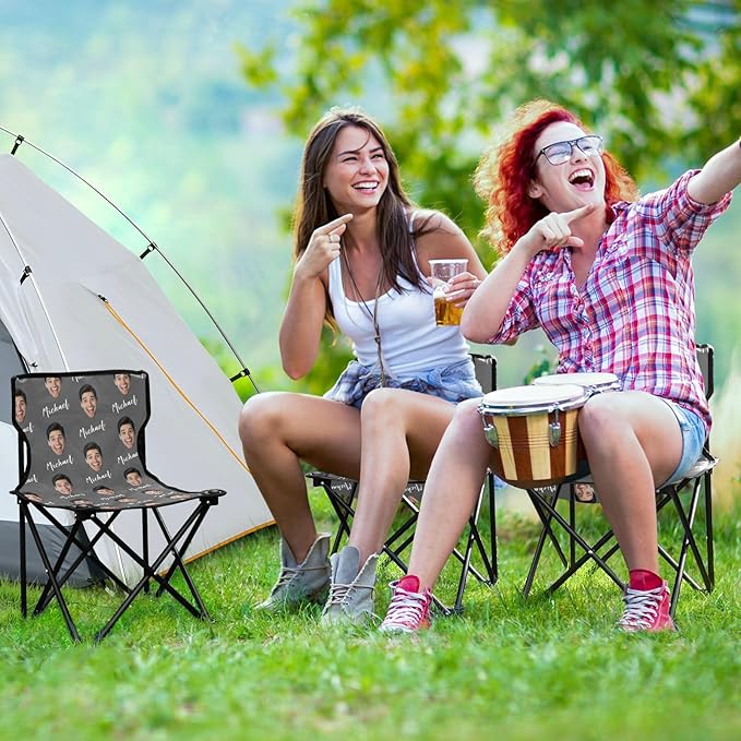 Sinestour Dark Gray Custom Photo Folding Camping Chair for Teen Child Personalized Name 14.6×14.6in Portable Outdoor Chair with Carry Bag for Picnic Barbeques Beach