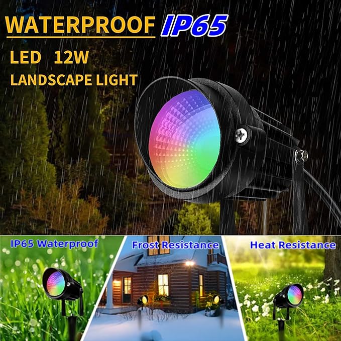 Color Changing Spotlight with Timer 12W RGB Color Changing Spot Lights LED IP65 Landscape Waterproof Outdoor Lights Metal Case Spiked Stand for Garden Houses Trees Decorative(2 Pack)