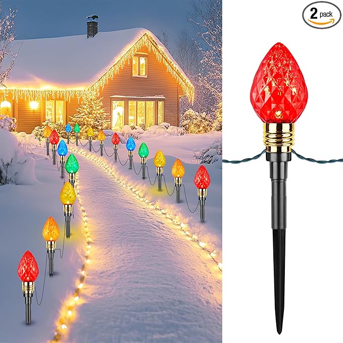 Brightown 2 Pack Strawberry C9 Christmas Pathway Lights Outdoor - Total 34.8 Feet 20 LED Christmas Walkway Light Christma Lights Outdoor Decorations for Yard Lawn Holiday Outside Multicolor