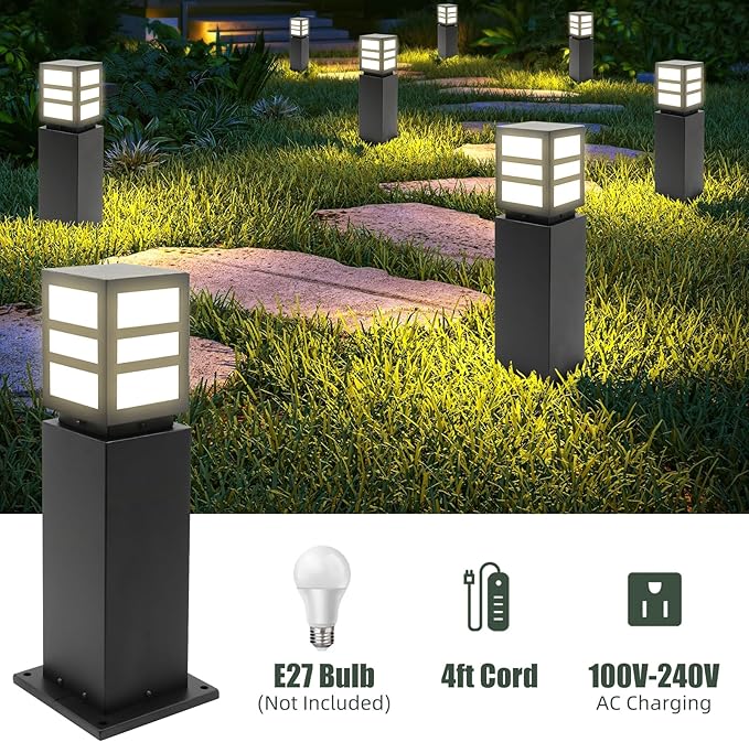 Landscape Path Lights 24 IP65 Waterproof Bollard Lights Heavy Duty Steel Stable Widened Base E27 Lamp Holder Modern Outdoor Path Lights Bollard for Lawn Patio Courtyard Driveway Oblong 1pack