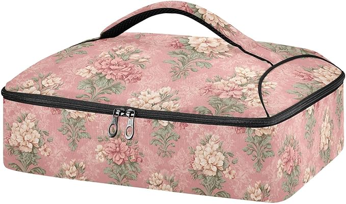 Casserole Carrier Pinkish Vintage Floral PatternInsulated Casserole Carrier for Hot or Cold Food Thermal Lunch Tote for Potluck Parties Picnic Beach Fits 9 x 13 Inches Baking Dish
