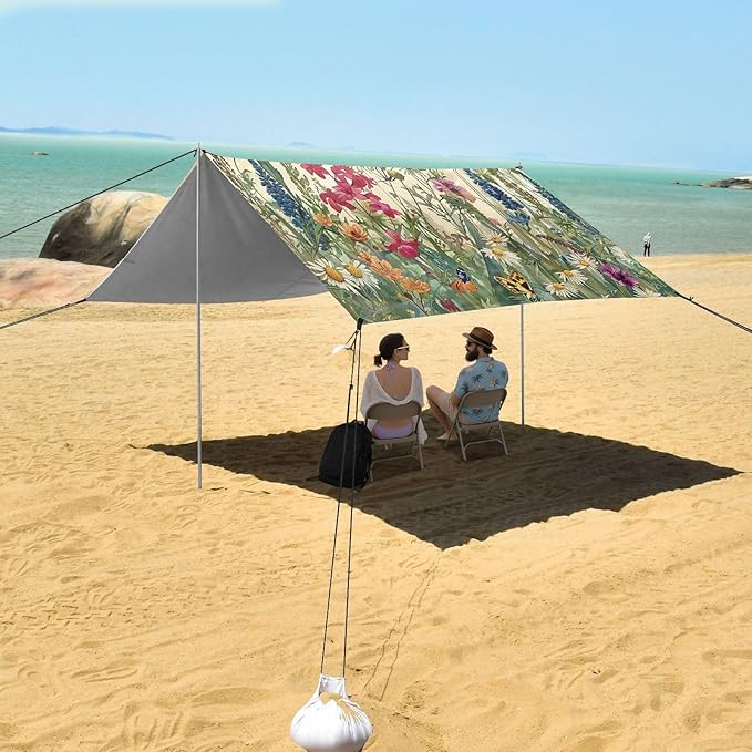 Wildflowers Field Beach Tent Sun Shelter 9.2' x 10.5' Beach Canopy with 4 Sandbags 4 Stability Poles Sand Shovels - Tent Canopy for Beach Camping Fishing Picnics