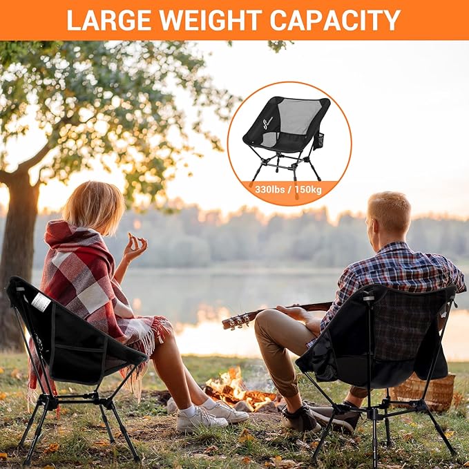 Sportneer Lawn Chairs: 3 Heights Adjustable Camping Chairs for Adults with 2 Side Pockets - Compact &amp Portable Folding Chairs for Outside Backpacking Hiking Picnic and Travel (1 Black)