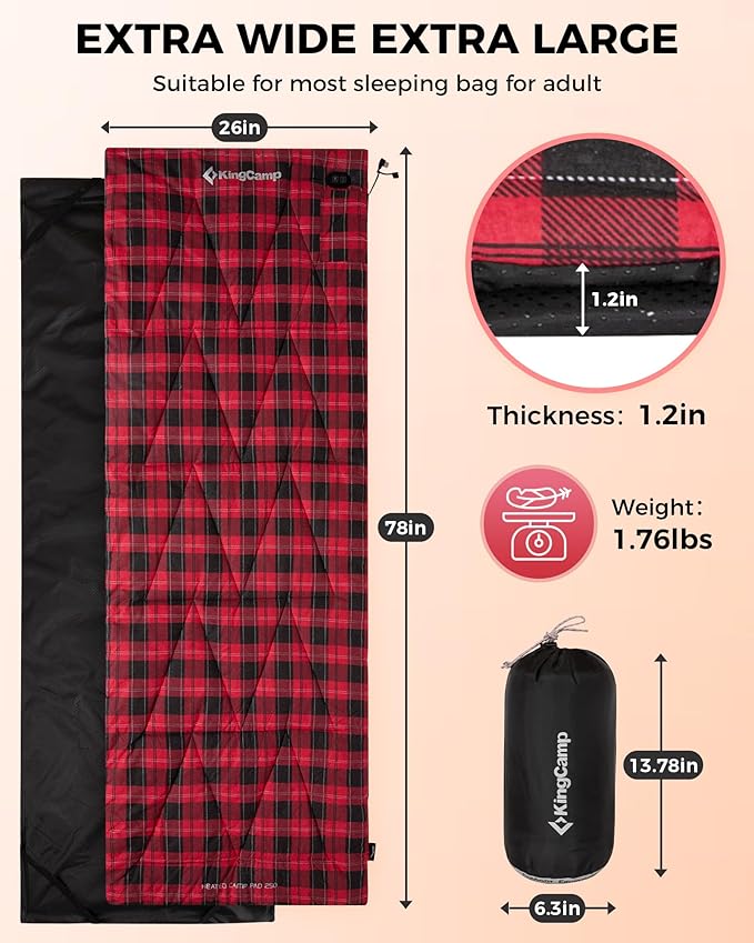 KingCamp 6 Heating Zones Heated Sleeping Bag Pad 3s Heat-up Portable XL Sleeping Bag Liner for Cold Weather Camping Hiking Multi USB Power Supported Compact Bag Included
