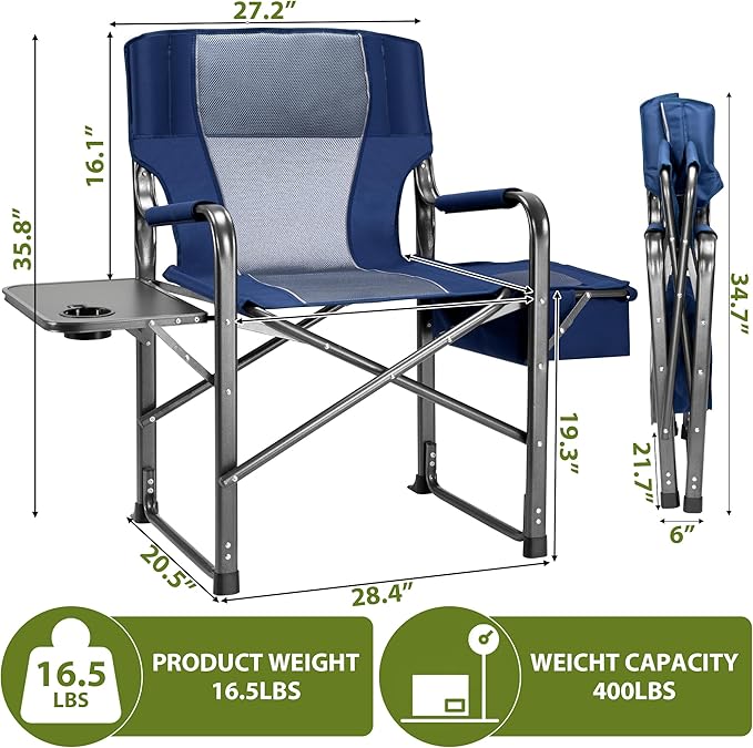 Folding Camping Chair Heavy Duty Chairs for Adult Directors Chair Folding Beach Chair Oversized Portable Camping Chair with Side Table and Cooler 400lbs Capacity for Beach Fishing Trip Picnic