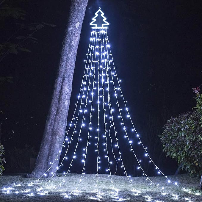 PUHONG Christmas Decoration Outdoor Christmas Tree Lights 320 LED 16.4Ft Outdoor Fairy Topper Lights[8 Modes &amp Waterproof] with 11 Lighted Xmas Tree for Halloween Xmas New Year Holiday(White)