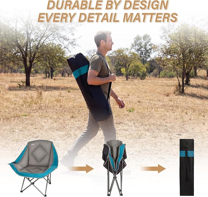 CAMPHILL Folding Camping ChairOversized Portable Camping Chair with Cup HolderHeavy Duty Padded Lawn Chair for CampingTailgatesBeachand SportsLake Blue