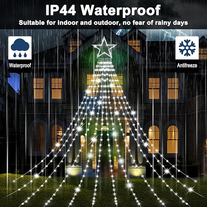 Onory Christmas Outdoor Star String Lights 23FT 860 LED Waterproof Waterfall Tree Lights with Star Topper 8 Modes Christmas Decorations Outdoor Tree Lights for Patio Yard Party Holiday Dec
