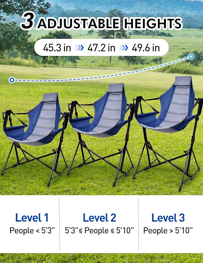 Hammock Camping Chair - 3 Heights Portable Hammock Chair Camping with Adjustable Backrest Headrest Padded Seat Cup Holder - 450 LBS Heavy Duty