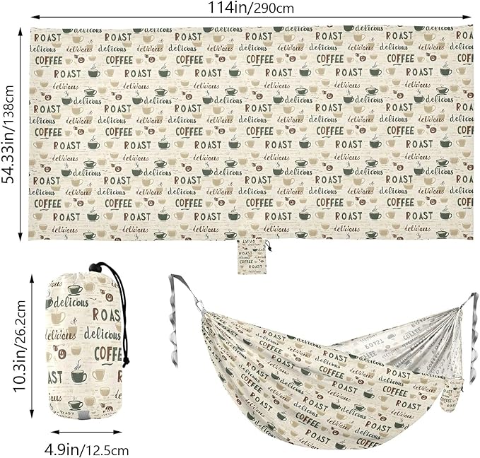 Camping Hammock Outdoor Hammocks for Outside Coffee Letters Beach Trees Portable Lightweight with Pockets Tree Straps Indoor