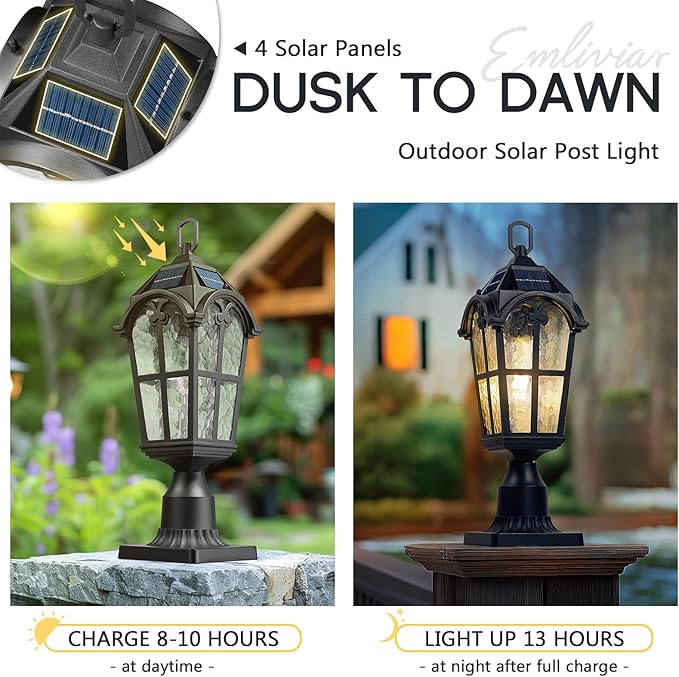 Emliviar 19 Portable Solar Post Light for Patio and Camping Table Lamp with Pier Mount Base in Black Finish Outdoor Solar Lighting with Water Grain Glass Shade YXE302P-ML SL BK