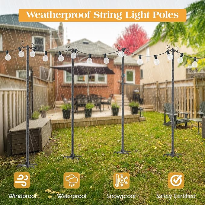 2 Pack Outdoor String Light Poles Metal Lights Hanging Pole with 4 Hooks and Rustproof for Patio Garden Deck Backyard Lawn Sunshade and Decor