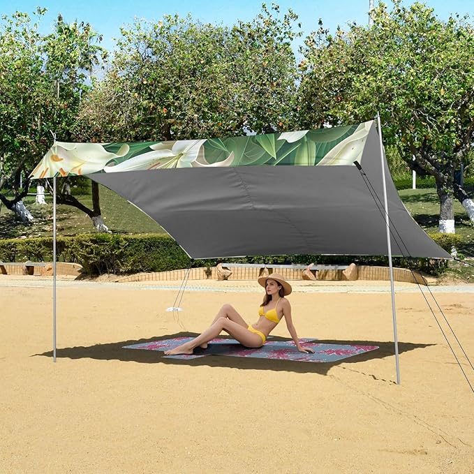 White Lilies Beach Tent Sun Shelter 9.2' x 10.5' Beach Canopy with 4 Sandbags 4 Stability Poles Sand Shovels - Tent Canopy for Beach Camping Fishing Picnics