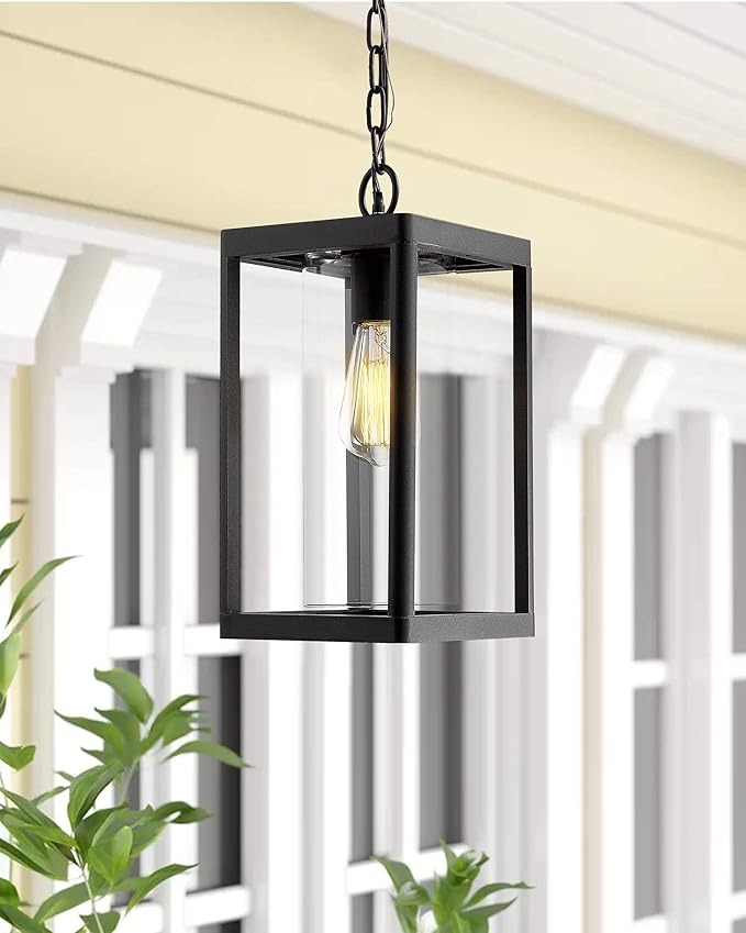 Beionxii Outdoor Pendant Light Modern Exterior Hanging Porch Lantern Black Cast Aluminum w/Clear Cylinder Glass - A291H-1PK