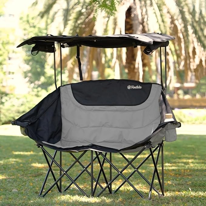 Double Camping Chair with Canopy Folding Two-Person Seat Portable Outdoor Loveseat with Shade Folding Chair for Beach Lawn and Outdoor Activities