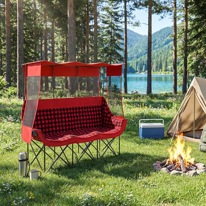 3 Person Camping Chair with Canopy Shade 700lbs Heavy Duty Oversized Beach Camping Chair with Thick Cushion Cup Holder and Carry Bag Foldable Portable Sofa for Lawn Beach Outdoor(Red Black)