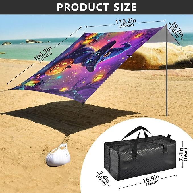 ALAZA Hallowenn Witch Cat Beach Tent Sun Shelter UPF50+ Protection Beach Shade Canopy w/ 4 Sandbags for Outdoor Camping Fishing Backyard Fun Picnic 10x9 ft