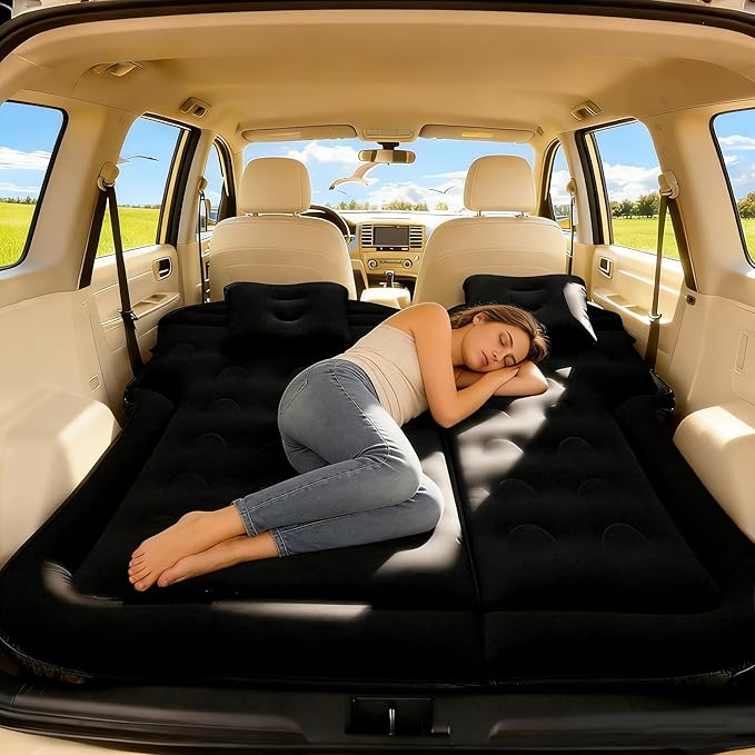 Car Air Mattress - Inflatable Bed SUV Mattress with Two Pillows for Cars Backseat Trunk Portable Flocked Camping Bed Sleeping Mat for Vehicle Travel Road Trip Indoor&ampOutdoor Activities Black