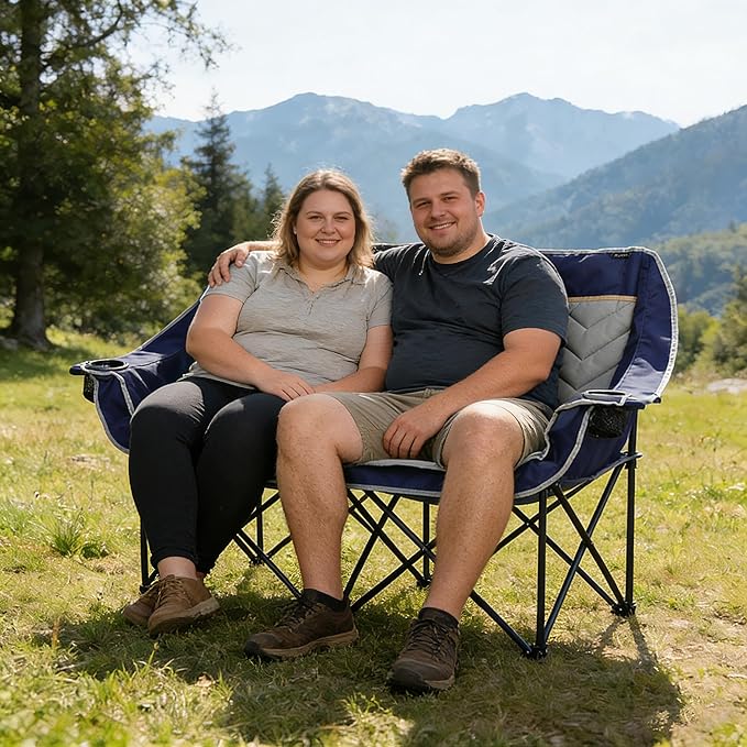 Double Camping Chair Padded Loveseat Camping Couch Oversized 2 Person Camp Chairs with Carry BagHeavy Duty Folding Lawn Chair for Adults Portable Outdoor Folding Sofa for Patio Backyard Blue