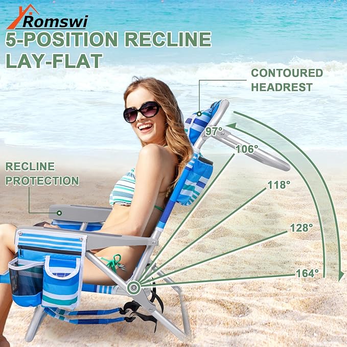 2Pk Aluminum 5-Position Lay Flat Folding Backpack Beach Chairs for Adults with Cooler Bag Cup&ampPhone Holder Towel Bar for Outdoor Lawn Picnic Sport Portable Foldable Camping Chairs Blue Stripe