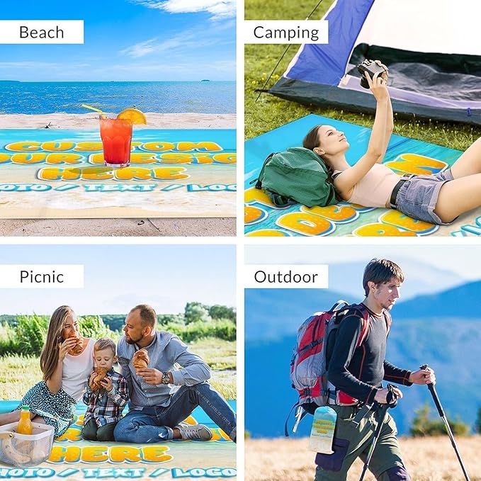 Custom Waterproof Beach Blanket - Personalized Sandproof Beach Mat with Photo Text - 110'' x 118'' Oversized Travel Blanket for Picnic Camping