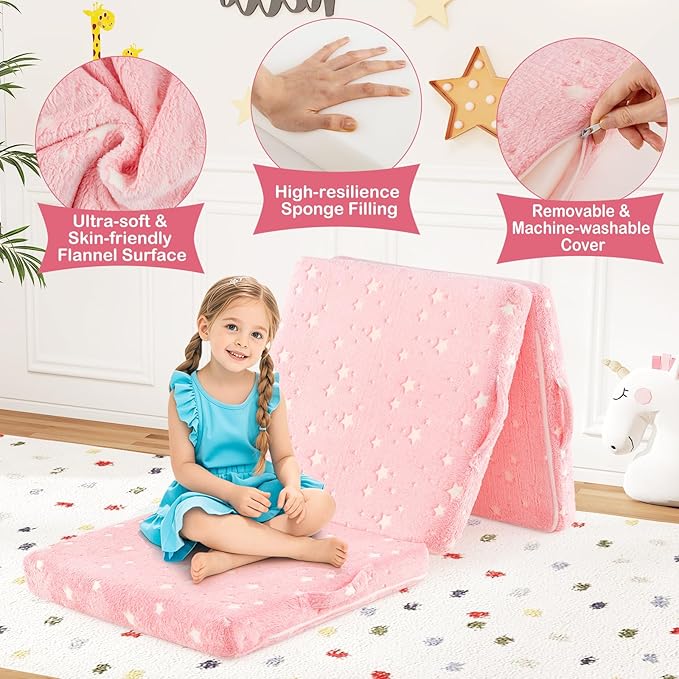 Costzon Foldable Pink Floor Mattress for Kids Glow in The Dark Toddler Floor Nap Mat w/Flannel Cover Tri-Folding Children Floor Bed for Sleeping Daycare Playroom School Kindergarten or Nursery