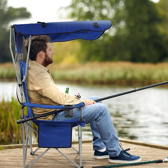 Elevon Camping Chair Oversized Folding Chair with Canopy Portable Outdoor Chair with Arms Cup Holder and Carry Bag for Camping Fishing Beach and Sports Sky Blue