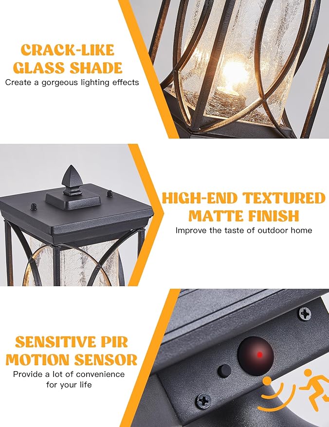 Motion Outdoor Post Lantern Dusk to Dawn Pillar Lamp with 3 Inch Pier Mount Adapter Black Pole Light Aluminum with Crackle Glass Motion Outdoor Post Lights for Patio Yard Garden Pathway