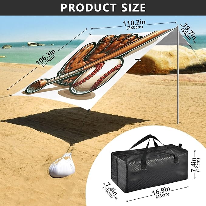 ALAZA Baseball Bat Glove Beach Tent Sun Shelter UPF50+ Protection Beach Shade Canopy w/ 4 Sandbags for Outdoor Camping Fishing Backyard Fun Picnic 10x9 ft