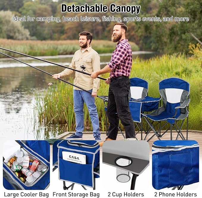 S AFSTAR Camping Chair with Canopy 2-Person Folding Beach Chair with Cup Holders 3-Side Shading Curtains &amp Cooler Bag Foldable Loveseat Lawn Chair for Camping Outdoor &amp Fishing (Navy Blue)