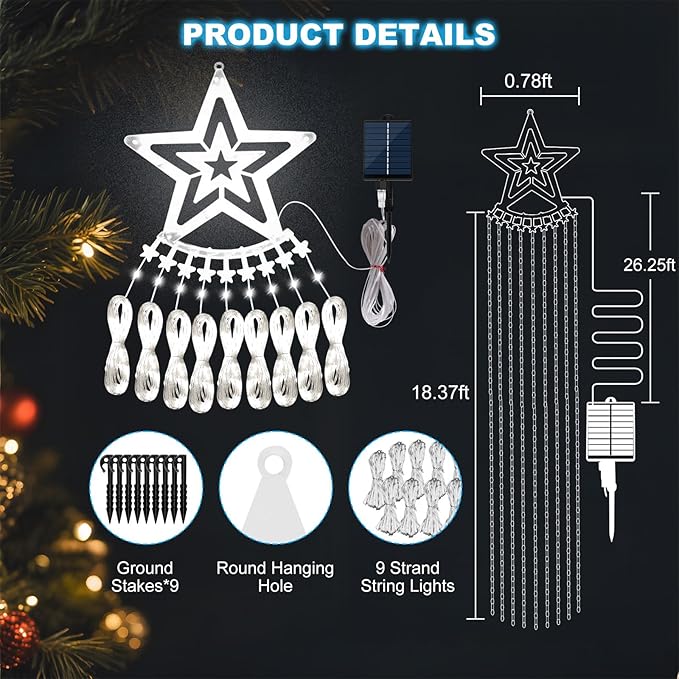 Solar Christmas Decorations Tree Lights Outdoor 18.37ft 532LED Waterfall String Lights with 8 Modes Timer Remote Xmas Lights USB Powered for Garden Yard Patio Home Holiday Party Decor Pure White