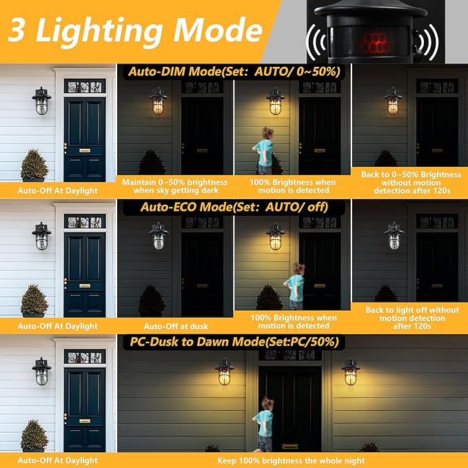 2 Pack Outdoor Wall Sconce with Motion SensorOutside Dusk to Dawn Exterior Wall MountIndustrial Anti-Rust Lantern Wall Lamp for PorchDoorwayGarageYardPatio