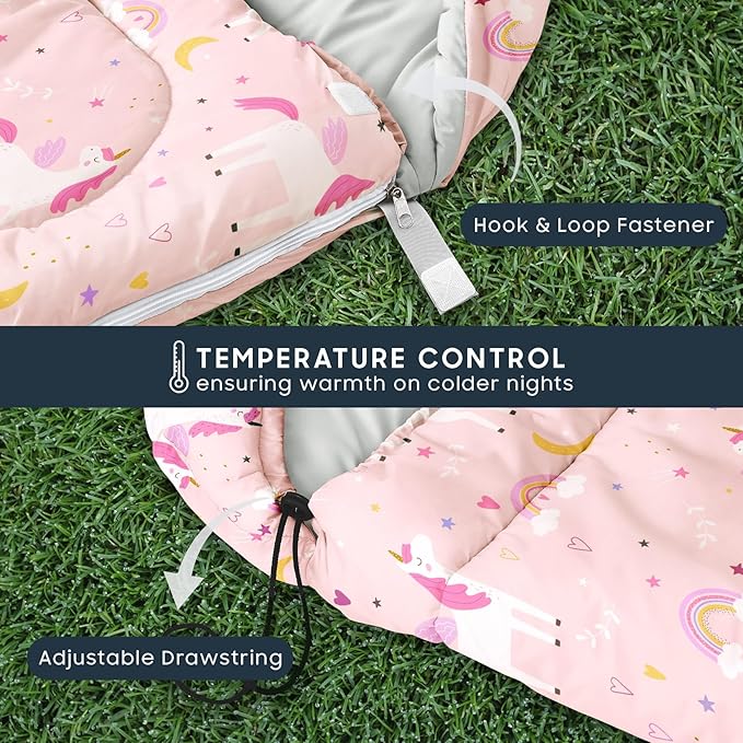 Wake In Cloud - Kids Sleeping Bag for Girls Toddlers Camping in Warm Cold Weather Backpacking Lightweight Compact Outdoor Liner for 3 Seasons Celestial Unicorns
