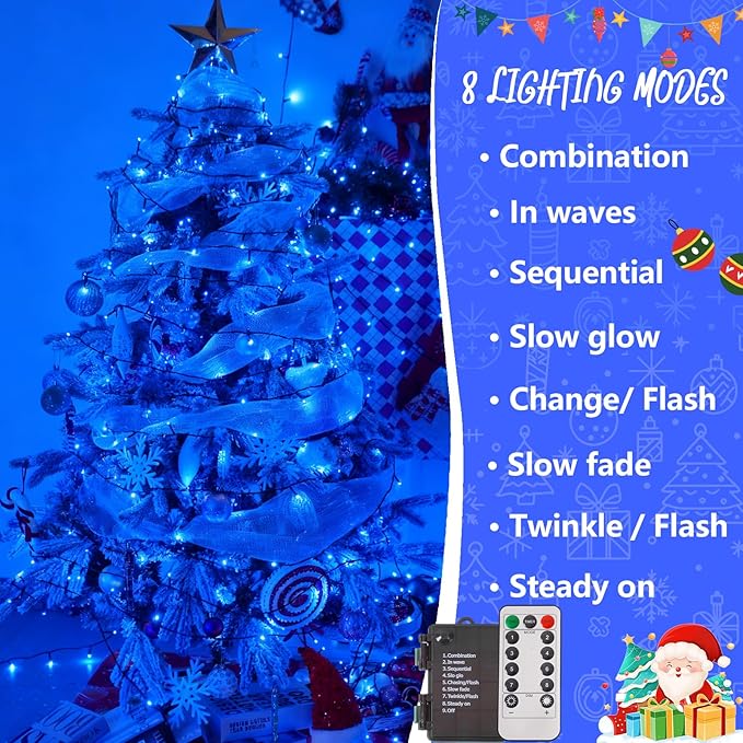 YEGUO Christmas Lights Battery Operated 2 Pack Each 33ft 100 LED Blue String Lights Outdoor Waterproof 8 Modes Green Wire Fairy Light Indoor with Remote