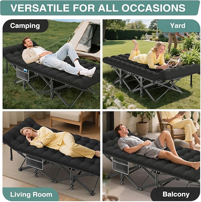 ZENPETIO Camping Cot for Adults Heavy-Duty Portable Cot Bed with Mattress Foldable Padded Sleeping Cots for Camping Travel Tent Day Bed Outdoor &amp Home Guest Max Load 500 LBS 75x28x15”