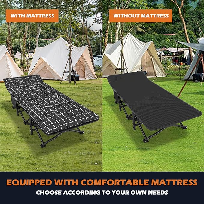 ATORPOK Camping Cot for Adults with Cushion Comfortable Portable Folding Bed for Sleeping Lightweight Folding Bed with Carry Bag for Kids Supports 450 lbs (Black)