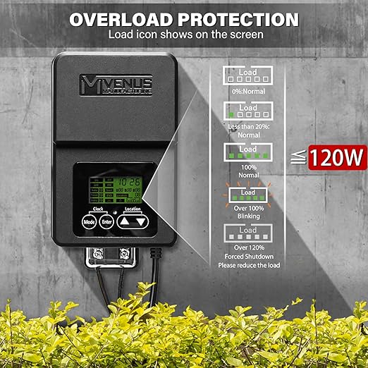 VENUS MANUFACTURING Outdoor Low Voltage Transformer 120W Landscape Lighting Transformer with Timer and Built-in Photo Sensor 120V AC to 12V AC for LED Spotlight Pathway Garden Lighting