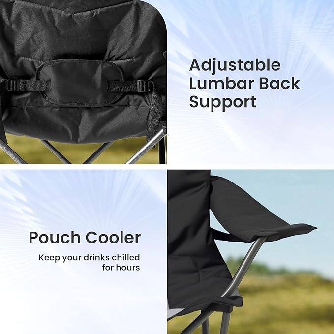 2 Pack Folding Camping Chairs for Adults - High Back Padded Outdoor Lawn Chairs with Lumbar Support &amp Cup Holder 400lbs Heavy Duty Portable Camping Chairs Set (Light Black &amp Gray 2 PCS)