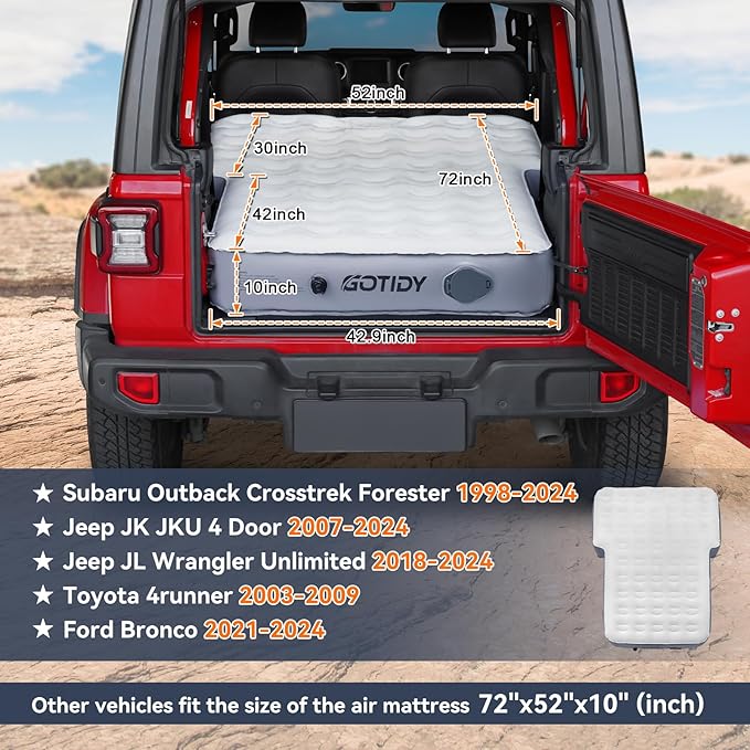 Jeep Mattress with Wireless Air Pump 10inch SUV Air Mattress Camping Bed for Jeep Wrangler JK JKU JL JLU Unlimited 4 Door Ford Bronco Subaru Forester