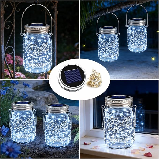 VOOKRY 12 Pack Solar Mason Jar Lights 30 LED Mason Jar Lids Waterproof Firefly Fairy String Lights with 12 Hangers(No Jars) for Outdoor Patio Garden Yard Lawn Party Wedding Decoration - Cool White