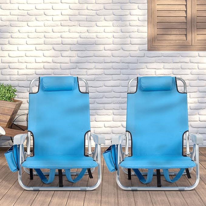 Folding Beach Chair 5 Position Portable Backpack Foldable Camping Chair with Headrest Cup Holder and ArmrestsBlue