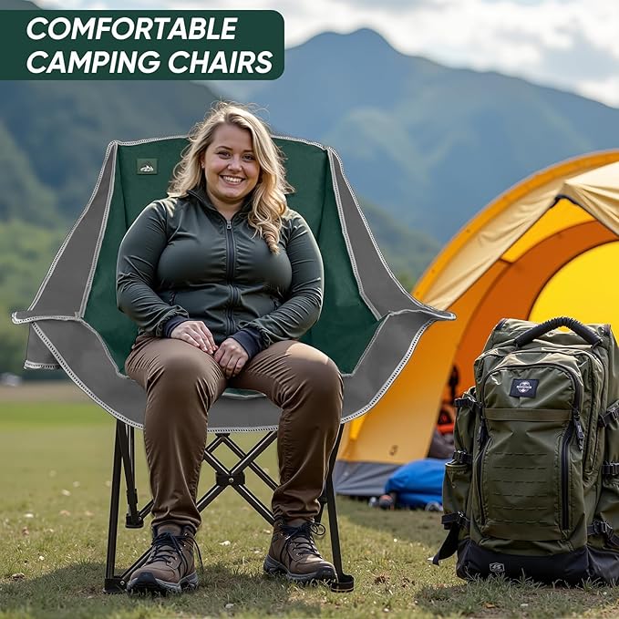 Northroad 2 Pack Oversized Camping ChairOutdoor Padded Folding Lawn Chair w/Cup HolderCarry Bag for Beach Hiking and PicnicsHeavy-Duty 300-lbs Capacity Grey&ampGreen
