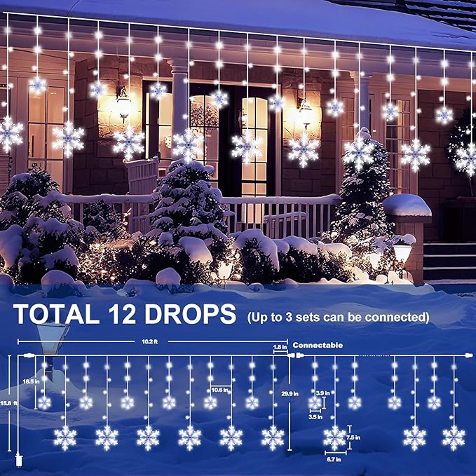 Christmas Snowflake Curtain String Lights 10.2FT 156LED Icicle Lights for Outside with 12 Drops 8 Modes Waterproof Connectable Fairy Window Light for Eaves Garden Yard Indoor Outdoor Xmas Decor