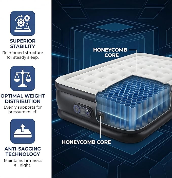 Queen Air Mattress with Built-in Pump - 22 Double Height Non-Slip Bottom Supports 660lbs for Home &amp Camping