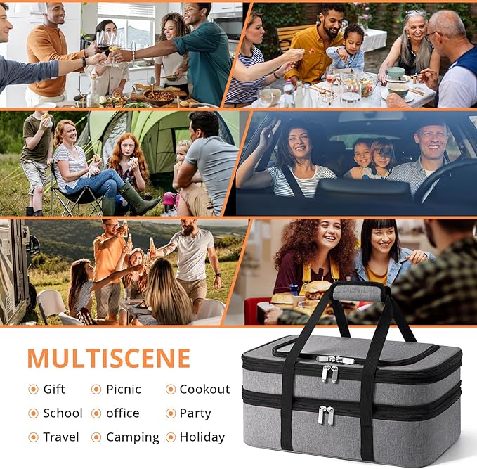 Double Insulated Casserole Carrier - Portable Casserole Carriers for Hot or Cold Food Lunch Tote Warmer or Cooler Bag for Potluck Parties Picnic Cookouts Fits 9 x 13 Baking Dish - Grey