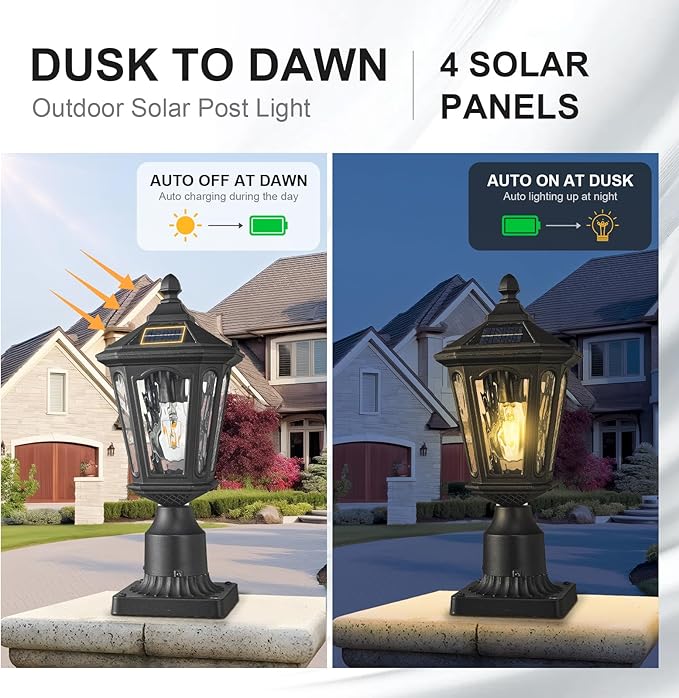 LED Post Solar Light Outdoor Dusk to Dawn Waterproof Pole Lighting with Remote Control Exterior Pillar Lantern 3 Lighting Modes Outside Solar Lamp for Patio Porch Garage Garden Pathway